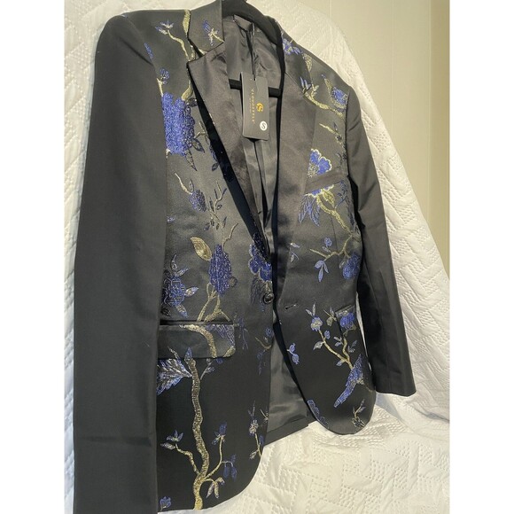 Cloudstyle Men's Dinner Jacket Blue and Gold Embroidered On Silky Black Sz Small - Picture 3 of 16